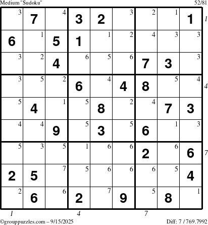 The grouppuzzles.com Medium Sudoku puzzle for Monday September 15, 2025, suitable for printing, with all 7 steps marked