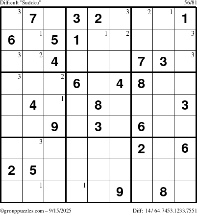 The grouppuzzles.com Difficult Sudoku puzzle for Monday September 15, 2025 with the first 3 steps marked