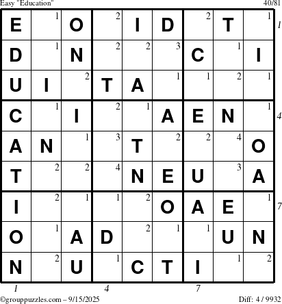 The grouppuzzles.com Easy Education-c1 puzzle for Monday September 15, 2025, suitable for printing, with all 4 steps marked