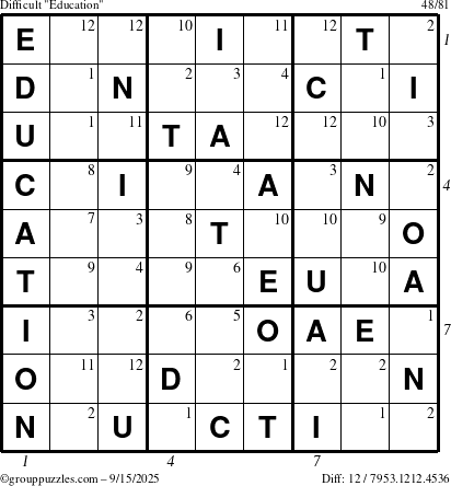 The grouppuzzles.com Difficult Education-c1 puzzle for Monday September 15, 2025, suitable for printing, with all 12 steps marked