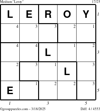 The grouppuzzles.com Medium Leroy puzzle for Tuesday March 18, 2025, suitable for printing, with all 4 steps marked