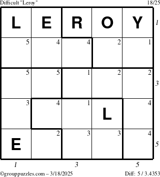 The grouppuzzles.com Difficult Leroy puzzle for Tuesday March 18, 2025 with all 5 steps marked