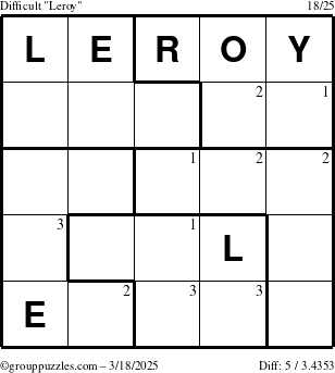 The grouppuzzles.com Difficult Leroy puzzle for Tuesday March 18, 2025 with the first 3 steps marked