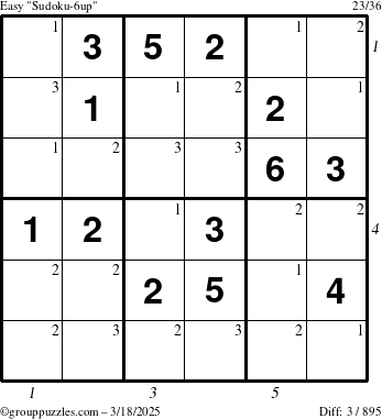 The grouppuzzles.com Easy Sudoku-6up puzzle for Tuesday March 18, 2025, suitable for printing, with all 3 steps marked