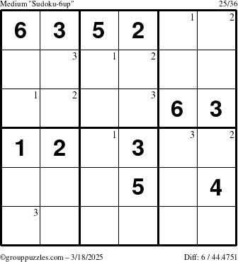 The grouppuzzles.com Medium Sudoku-6up puzzle for Tuesday March 18, 2025 with the first 3 steps marked
