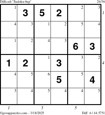 The grouppuzzles.com Difficult Sudoku-6up puzzle for Tuesday March 18, 2025, suitable for printing, with all 6 steps marked