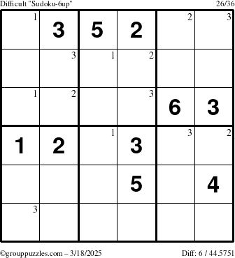 The grouppuzzles.com Difficult Sudoku-6up puzzle for Tuesday March 18, 2025 with the first 3 steps marked