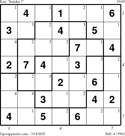 The grouppuzzles.com Easy Sudoku-7 puzzle for Tuesday March 18, 2025 with all 4 steps marked