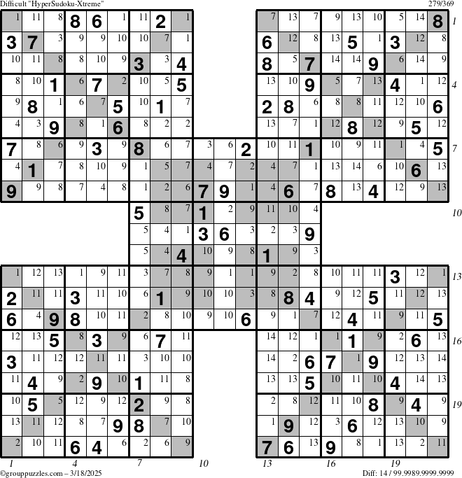 The grouppuzzles.com Difficult HyperSudoku-Xtreme puzzle for Tuesday March 18, 2025, suitable for printing, with all 14 steps marked