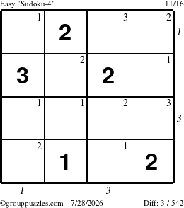 The grouppuzzles.com Easy Sudoku-4 puzzle for Tuesday July 28, 2026, suitable for printing, with all 3 steps marked