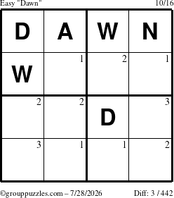 The grouppuzzles.com Easy Dawn puzzle for Tuesday July 28, 2026 with the first 3 steps marked
