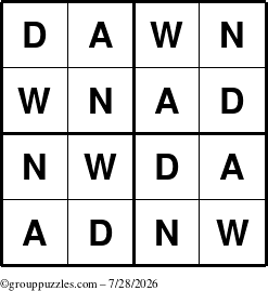 The grouppuzzles.com Answer grid for the Dawn puzzle for Tuesday July 28, 2026