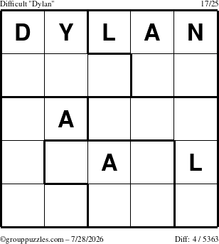 The grouppuzzles.com Difficult Dylan puzzle for Tuesday July 28, 2026