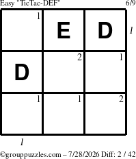 The grouppuzzles.com Easy TicTac-DEF puzzle for Tuesday July 28, 2026, suitable for printing, with all 2 steps marked