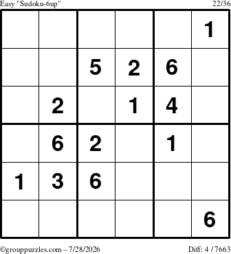 The grouppuzzles.com Easy Sudoku-6up puzzle for Tuesday July 28, 2026