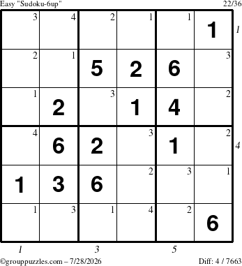 The grouppuzzles.com Easy Sudoku-6up puzzle for Tuesday July 28, 2026, suitable for printing, with all 4 steps marked