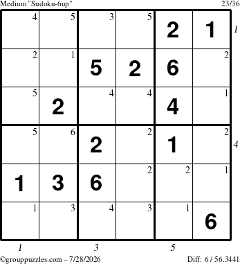 The grouppuzzles.com Medium Sudoku-6up puzzle for Tuesday July 28, 2026 with all 6 steps marked