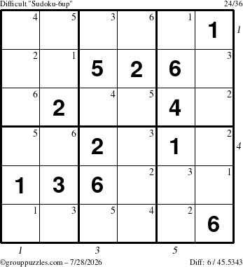The grouppuzzles.com Difficult Sudoku-6up puzzle for Tuesday July 28, 2026, suitable for printing, with all 6 steps marked