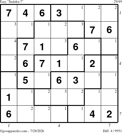 The grouppuzzles.com Easy Sudoku-7 puzzle for Tuesday July 28, 2026 with all 4 steps marked
