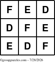 The grouppuzzles.com Answer grid for the TicTac-DEF puzzle for Tuesday July 28, 2026