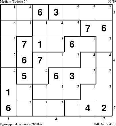 The grouppuzzles.com Medium Sudoku-7 puzzle for Tuesday July 28, 2026, suitable for printing, with all 6 steps marked