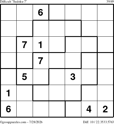 The grouppuzzles.com Difficult Sudoku-7 puzzle for Tuesday July 28, 2026