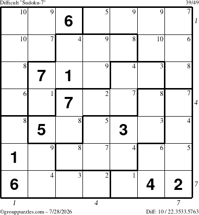 The grouppuzzles.com Difficult Sudoku-7 puzzle for Tuesday July 28, 2026 with all 10 steps marked