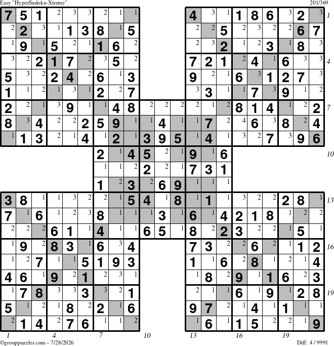 The grouppuzzles.com Easy HyperSudoku-Xtreme puzzle for Tuesday July 28, 2026, suitable for printing, with all 4 steps marked