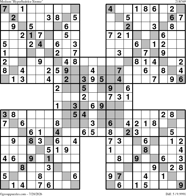 The grouppuzzles.com Medium HyperSudoku-Xtreme puzzle for Tuesday July 28, 2026