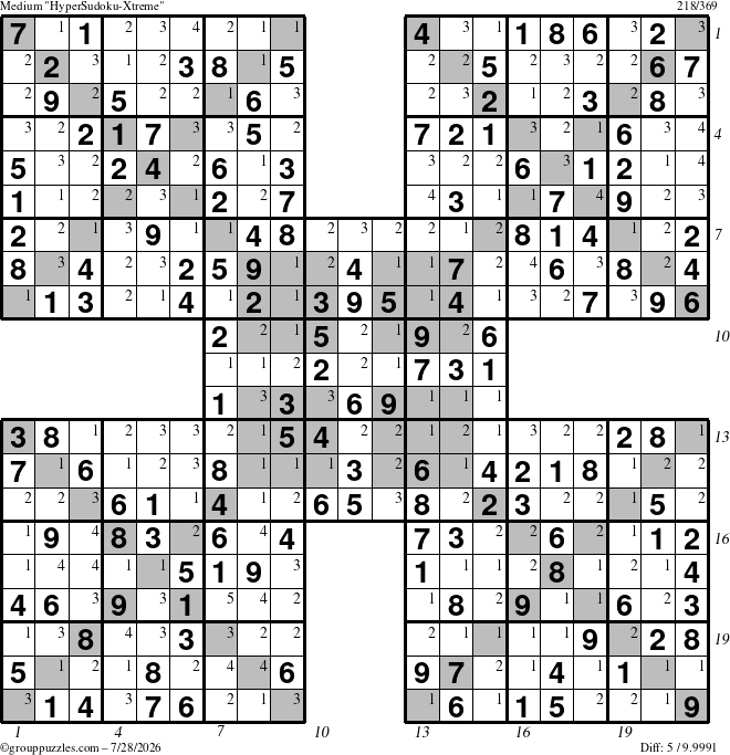 The grouppuzzles.com Medium HyperSudoku-Xtreme puzzle for Tuesday July 28, 2026 with all 5 steps marked