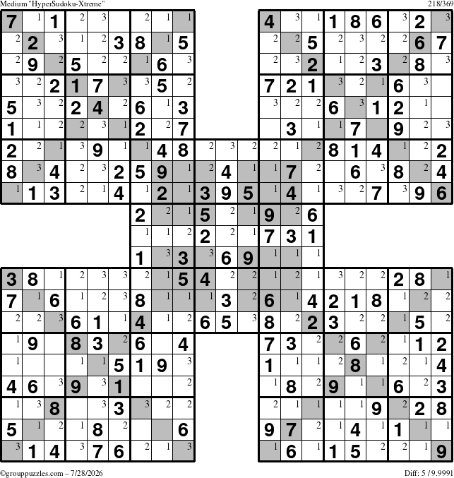 The grouppuzzles.com Medium HyperSudoku-Xtreme puzzle for Tuesday July 28, 2026 with the first 3 steps marked