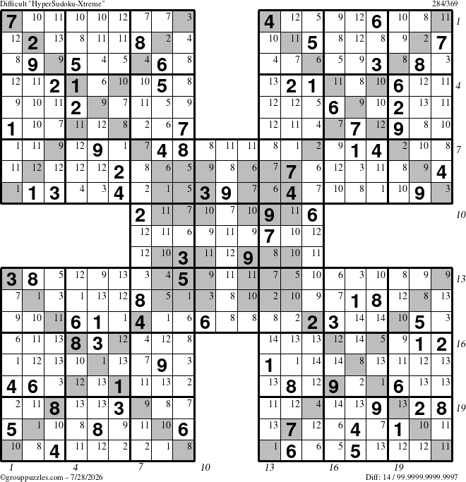 The grouppuzzles.com Difficult HyperSudoku-Xtreme puzzle for Tuesday July 28, 2026, suitable for printing, with all 14 steps marked