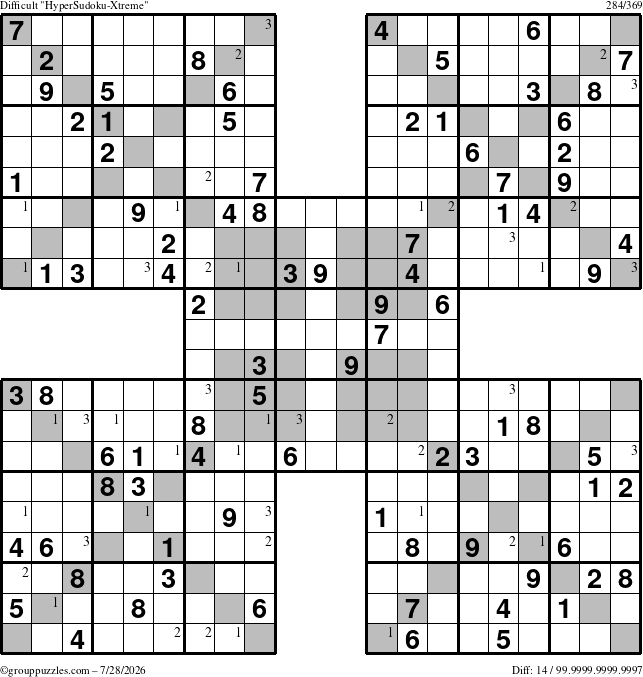 The grouppuzzles.com Difficult HyperSudoku-Xtreme puzzle for Tuesday July 28, 2026 with the first 3 steps marked