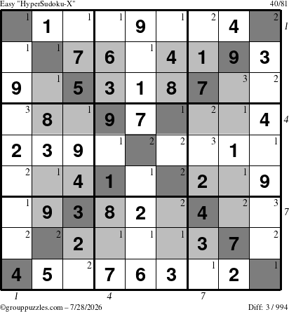 The grouppuzzles.com Easy HyperSudoku-X puzzle for Tuesday July 28, 2026 with all 3 steps marked