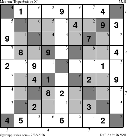 The grouppuzzles.com Medium HyperSudoku-X puzzle for Tuesday July 28, 2026 with all 8 steps marked