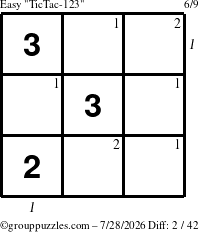 The grouppuzzles.com Easy TicTac-123 puzzle for Tuesday July 28, 2026, suitable for printing, with all 2 steps marked