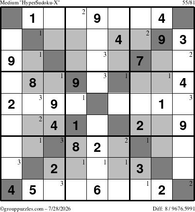 The grouppuzzles.com Medium HyperSudoku-X puzzle for Tuesday July 28, 2026 with the first 3 steps marked