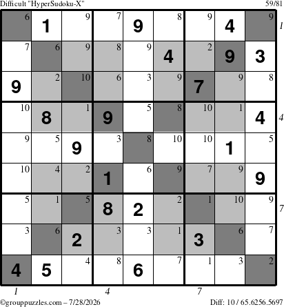 The grouppuzzles.com Difficult HyperSudoku-X puzzle for Tuesday July 28, 2026, suitable for printing, with all 10 steps marked