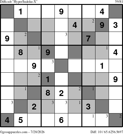 The grouppuzzles.com Difficult HyperSudoku-X puzzle for Tuesday July 28, 2026 with the first 3 steps marked
