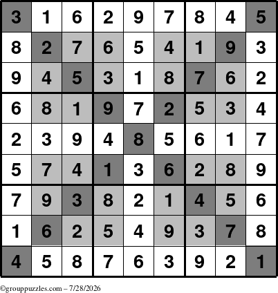 The grouppuzzles.com Answer grid for the HyperSudoku-X puzzle for Tuesday July 28, 2026