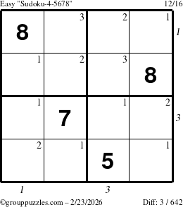 The grouppuzzles.com Easy Sudoku-4-5678 puzzle for Monday February 23, 2026, suitable for printing, with all 3 steps marked