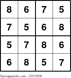The grouppuzzles.com Answer grid for the Sudoku-4-5678 puzzle for Monday February 23, 2026