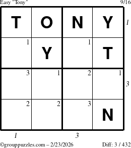 The grouppuzzles.com Easy Tony puzzle for Monday February 23, 2026, suitable for printing, with all 3 steps marked