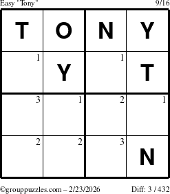 The grouppuzzles.com Easy Tony puzzle for Monday February 23, 2026 with the first 3 steps marked