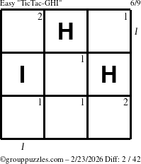 The grouppuzzles.com Easy TicTac-GHI puzzle for Monday February 23, 2026 with all 2 steps marked