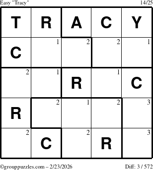 The grouppuzzles.com Easy Tracy puzzle for Monday February 23, 2026 with the first 3 steps marked