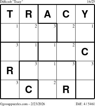 The grouppuzzles.com Difficult Tracy puzzle for Monday February 23, 2026 with the first 3 steps marked