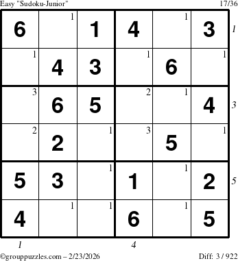 The grouppuzzles.com Easy Sudoku-Junior puzzle for Monday February 23, 2026, suitable for printing, with all 3 steps marked