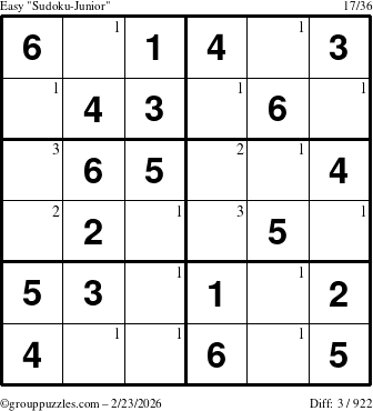 The grouppuzzles.com Easy Sudoku-Junior puzzle for Monday February 23, 2026 with the first 3 steps marked