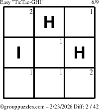 The grouppuzzles.com Easy TicTac-GHI puzzle for Monday February 23, 2026 with the first 2 steps marked